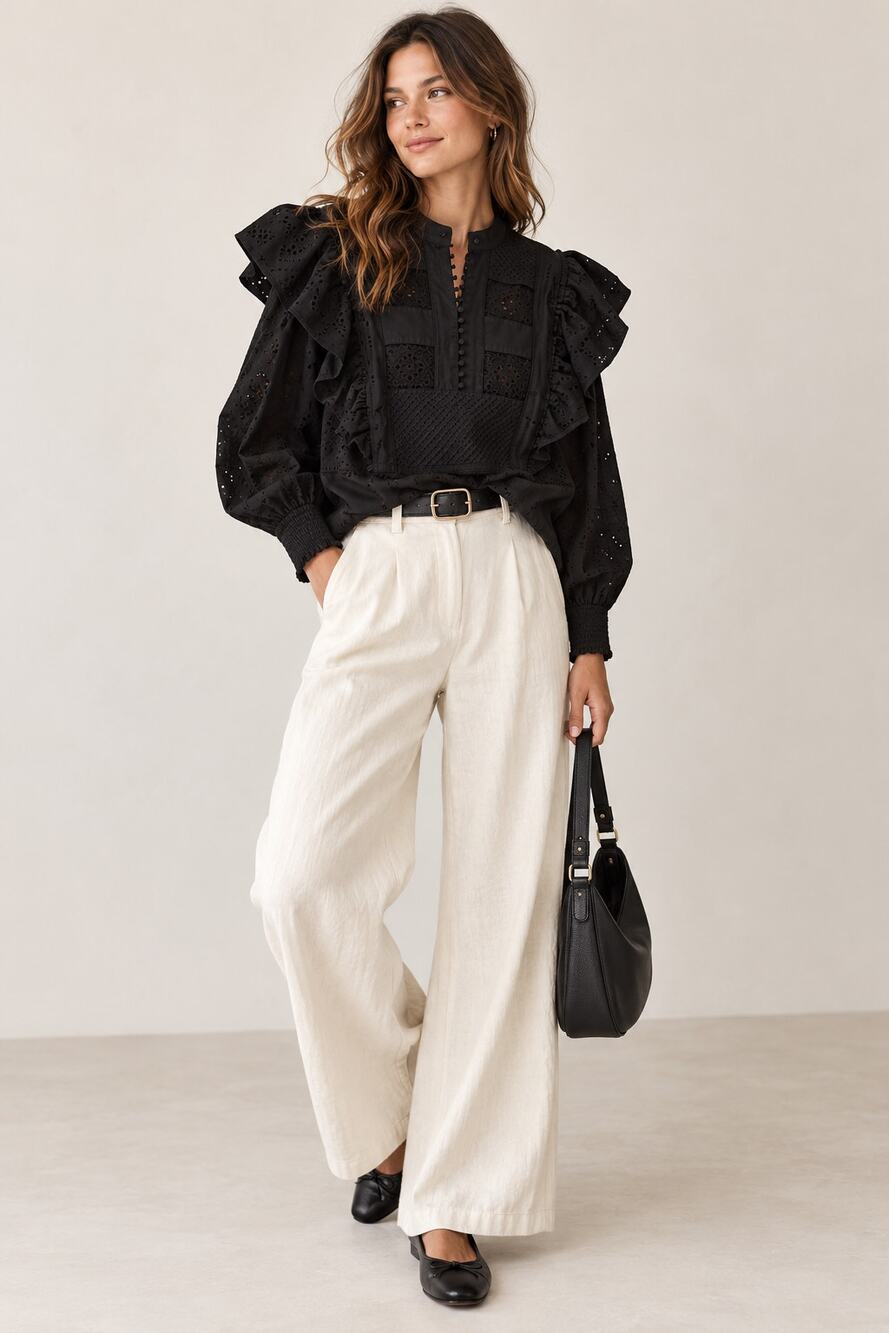 AllSaints Aubrey Broderie Long Sleeve Blouse, Black Boho Victorian, Size US 8